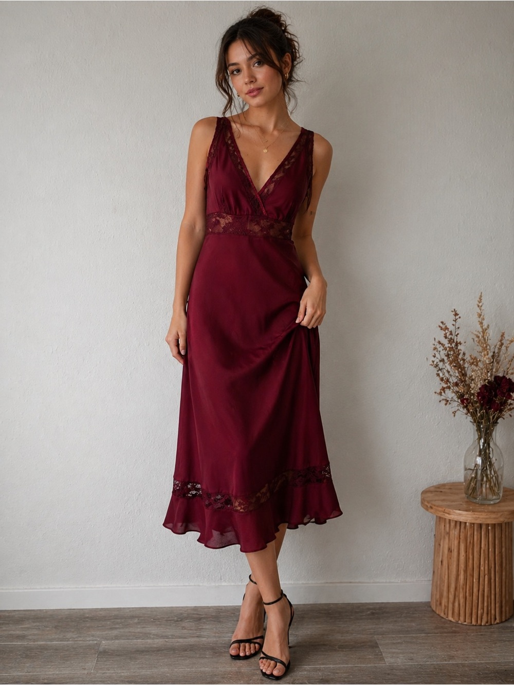 Breakin Love Burgundy Midi Dress Lace Trim Slip Satin Y2K 7/8